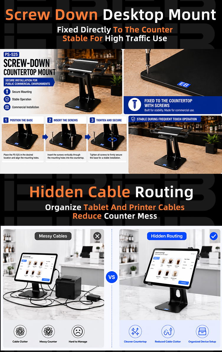 Screw-down desktop mounting of PS-525 EB POS tablet stand with 360 rotation providing stable installation for high-frequency touchscreen use