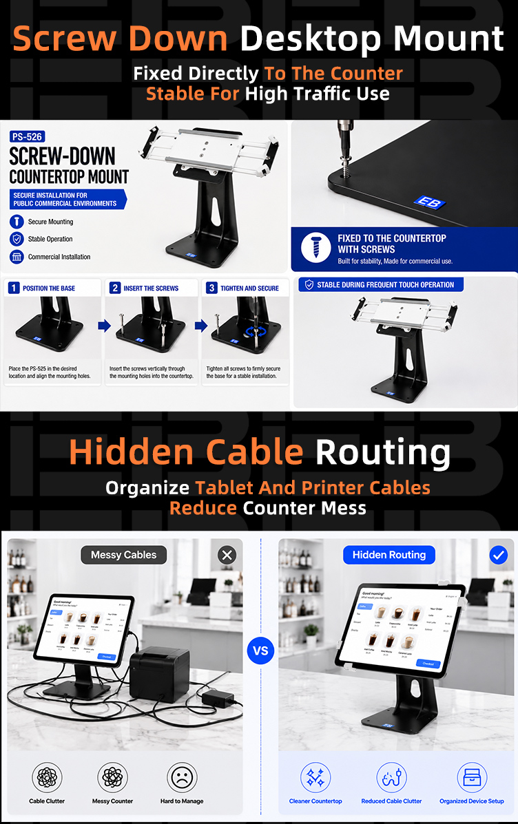Screw-down desktop mounting of PS-526 360 rotatable adjustable tablet POS holder providing stable installation for high-frequency touchscreen use
