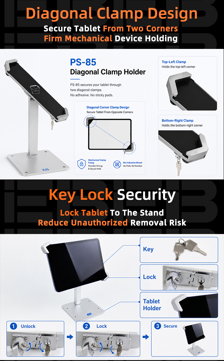 Adjustable clamping range 202 to 300 mm of EB lockable tablet stand 7-11 inch supporting different tablet sizes
