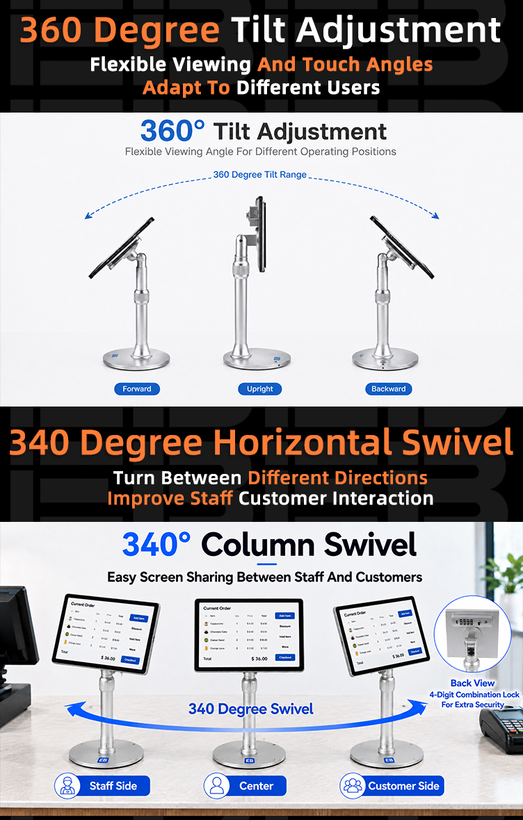 PS-21 combination lock metal tablet POS stand with column height adjustable from 240 to 357 mm and 340 degree horizontal column swivel