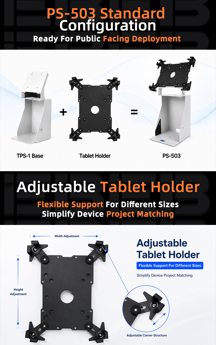 PS-503 POS tablet stand with printer space compatible tablet size diagram, diagonal under 400 mm, minimum width above 160 mm and thickness up to 12 mm