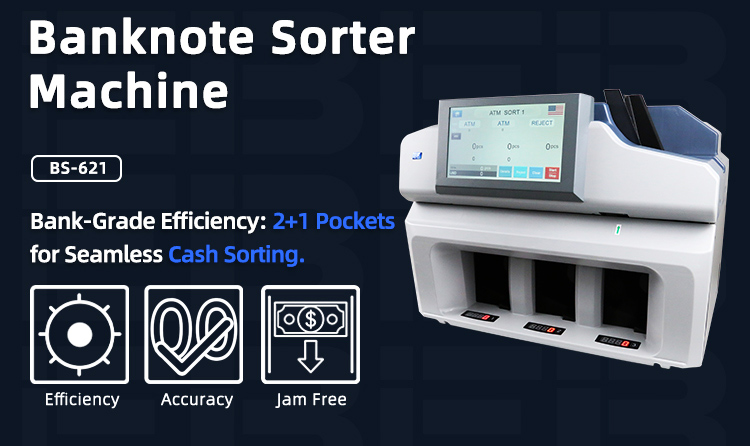 BS-621 bank grade currency sorter and detector machine with two output stackers and one reject pocket for bank cash centers