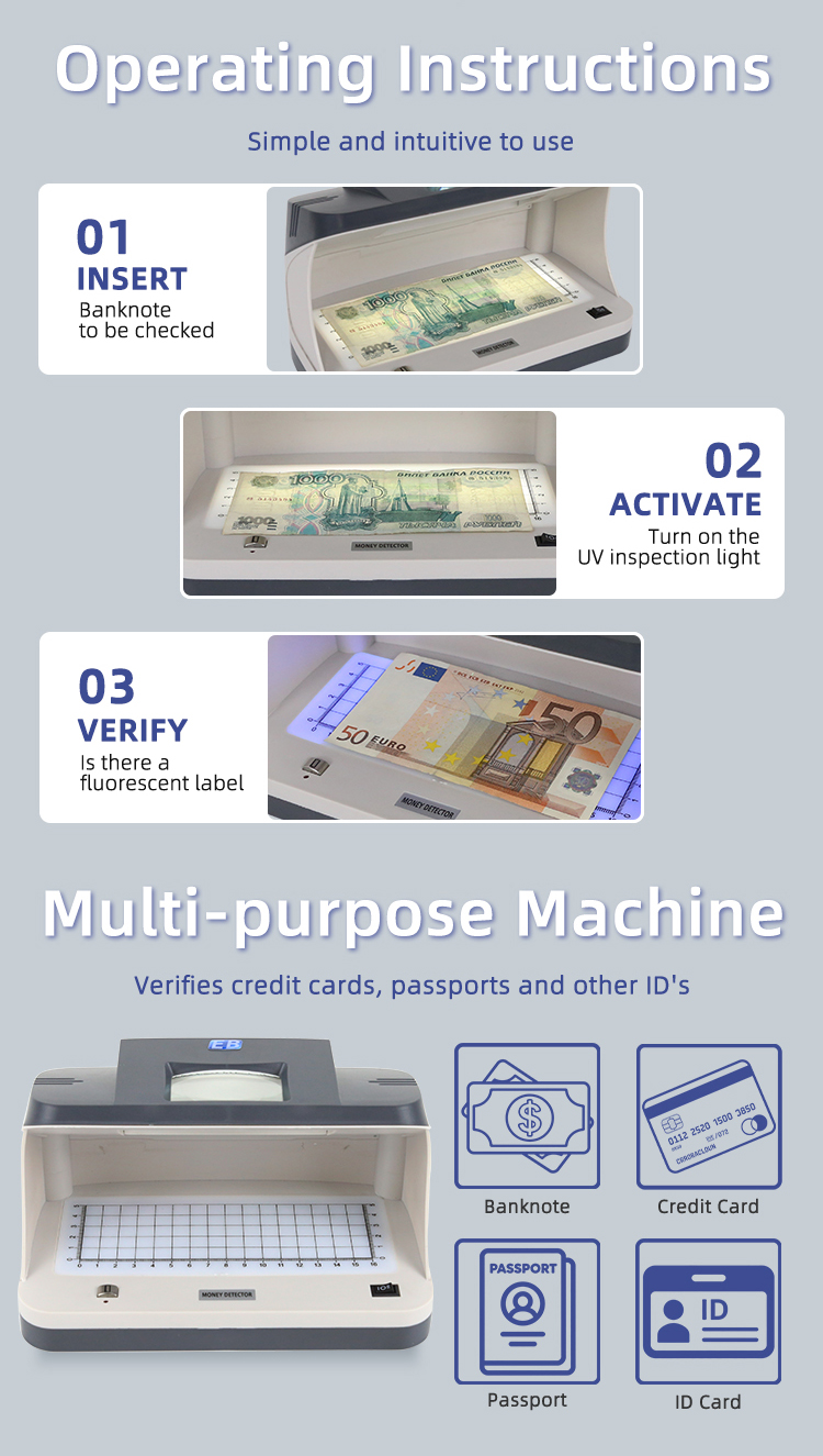 EB DC-2089C detector verifying banknotes including plastic Euros, bills, credit cards, travellers cheques, passports and IDs