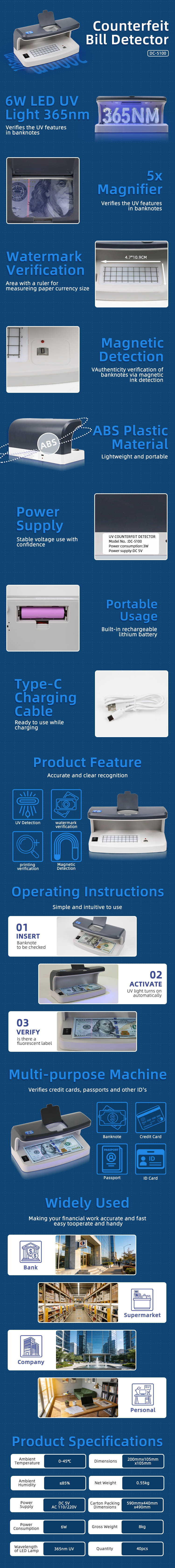DC-5100 banknote detector detailed view showing UV MG dual detection, 0.5s speed, rechargeable battery, multi-voltage 5V 110V 220V, and magnifier feature