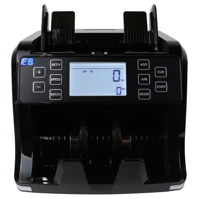 LD-1500 business grade bill counter front view with LCD display showing amount preset and 4-way UV MG IR DD detection