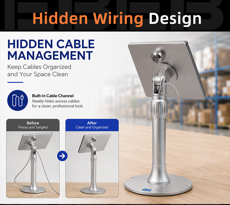 Special security screws of PS-20 lockable tablet POS stand fixing the stand securely to the countertop for stable commercial deployment
