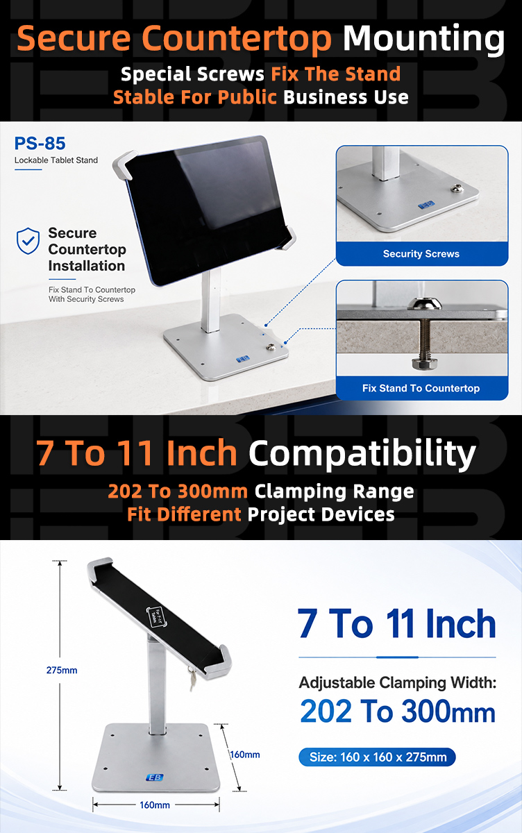 EB lockable tablet stand 7-11 inch diagonal clamp holder compatible with 7 to 11 inch iPad and tablet devices