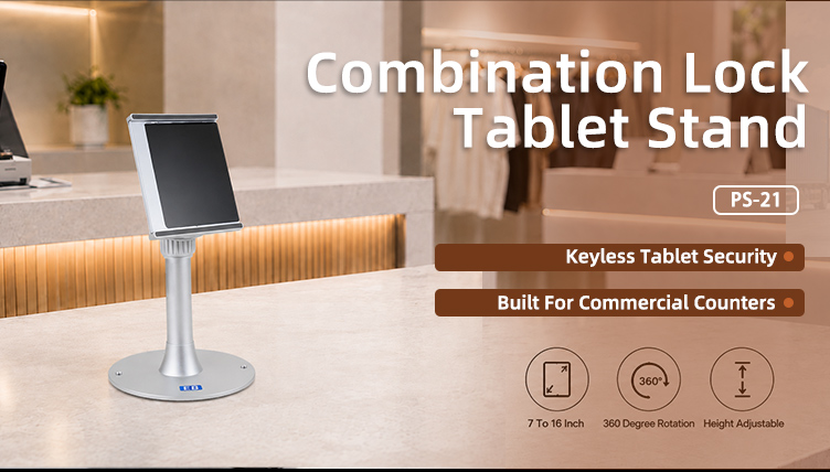 Full view of PS-21 combination lock metal tablet POS stand, silver metal body with adjustable column holding tablet at a commercial counter