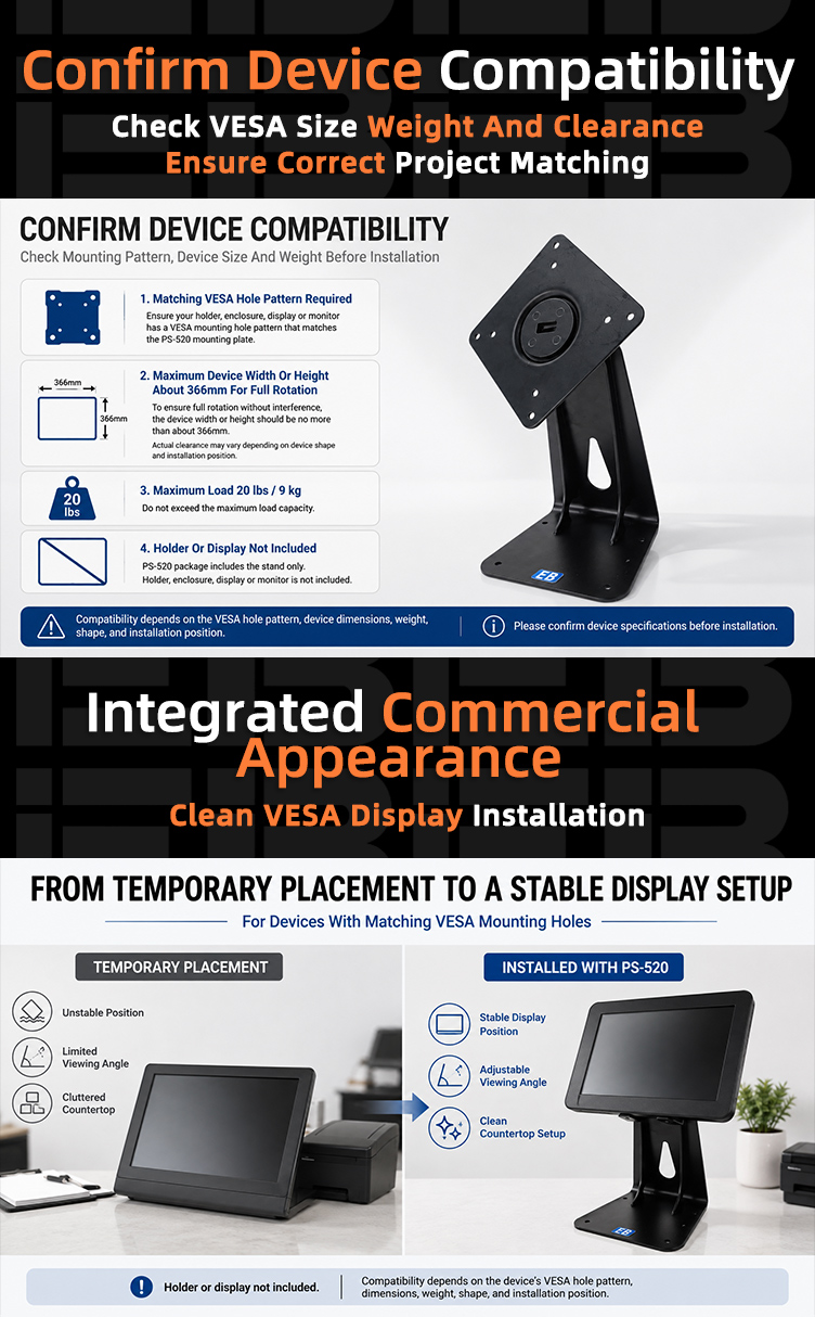 Screw-down desktop mounting of PS-520 VESA desktop stand with 360 degree rotation providing stable fixed installation on counters
