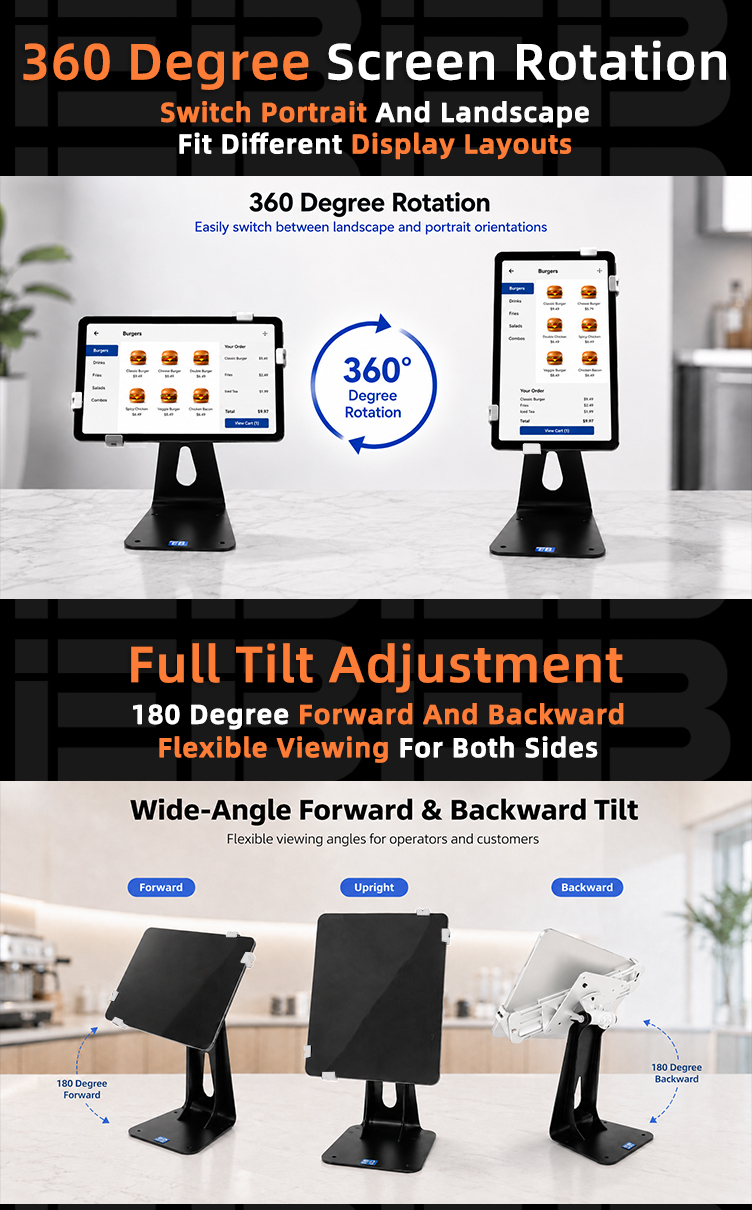 PS-526 360 rotatable adjustable tablet POS holder tilt range diagram, 180 degree forward and 180 degree backward adjustment