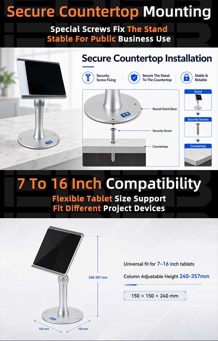 Full surface reusable nano adhesive pad of PS-20 lockable tablet POS stand providing firm tablet contact and easy replacement
