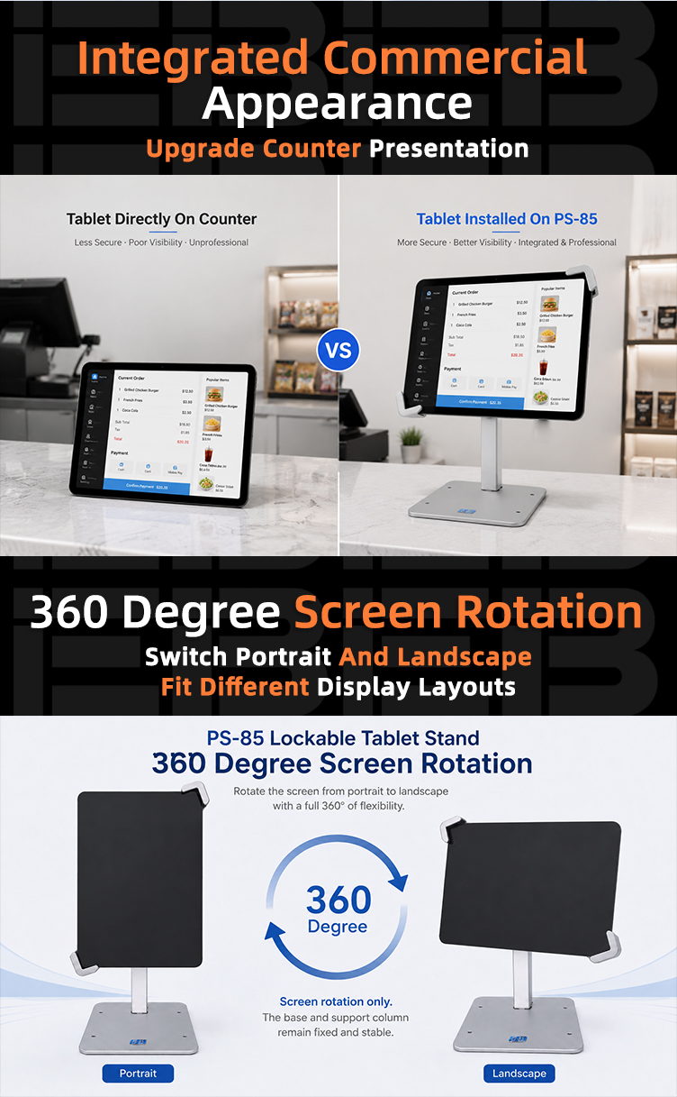 Key lock design of EB lockable tablet stand 7-11 inch securing the tablet in public and customer facing environments