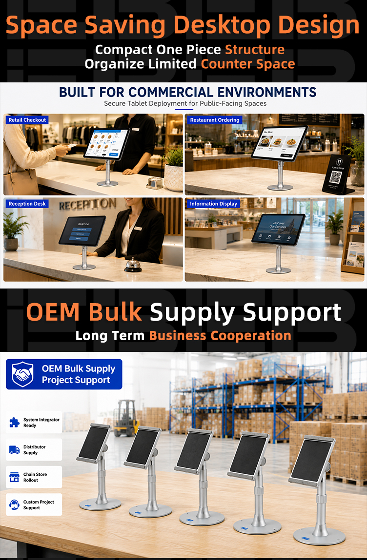 Hidden wiring and durable silver metal body of PS-21 combination lock metal tablet POS stand keeping commercial counters clean and professional