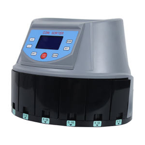 CS-5505-3 high speed coin counter sorter on white background, multi-currency automatic coin sorting machine with Big LCD and plastic body rated 350 coins per minute