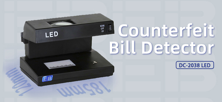 EB DC-2038 UV LED counterfeit detector overview, compact desktop unit designed for cash handling businesses