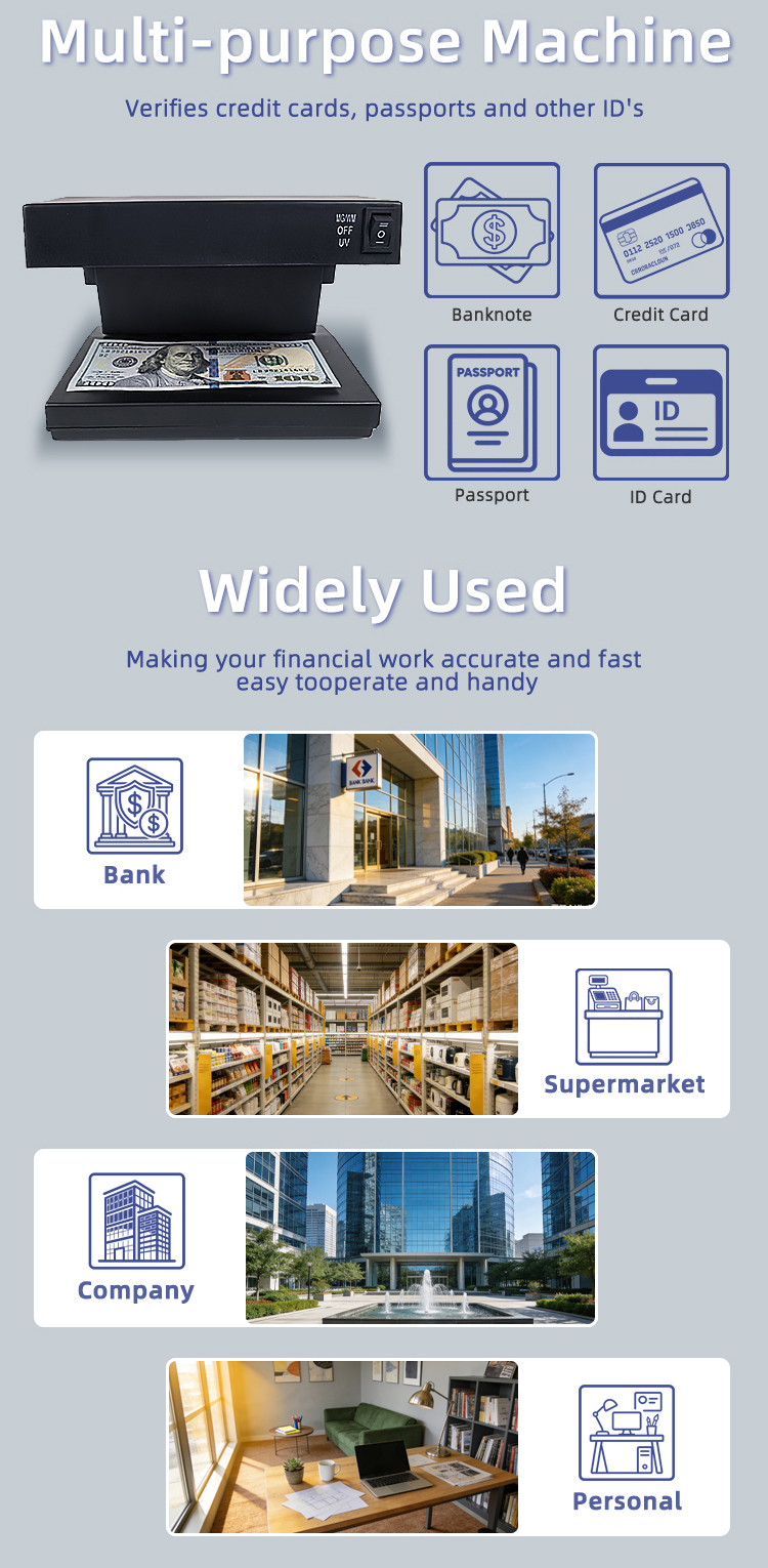 DC-2089P detector verifying banknotes, bills, credit cards, travelers cheques, passports and IDs for multi document authentication