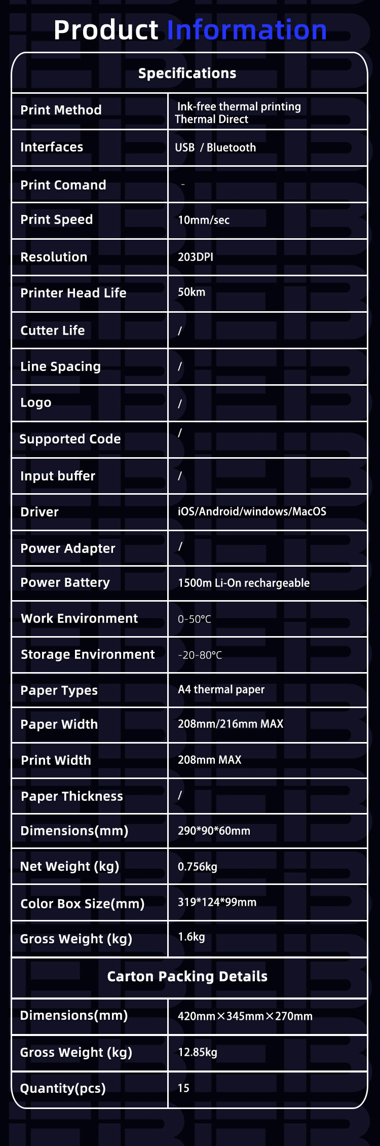 TCP-8000BY powered by a 1500m Li-ion rechargeable battery in a 290 x 90 x 60 mm body weighing 0.756 kg for portable use