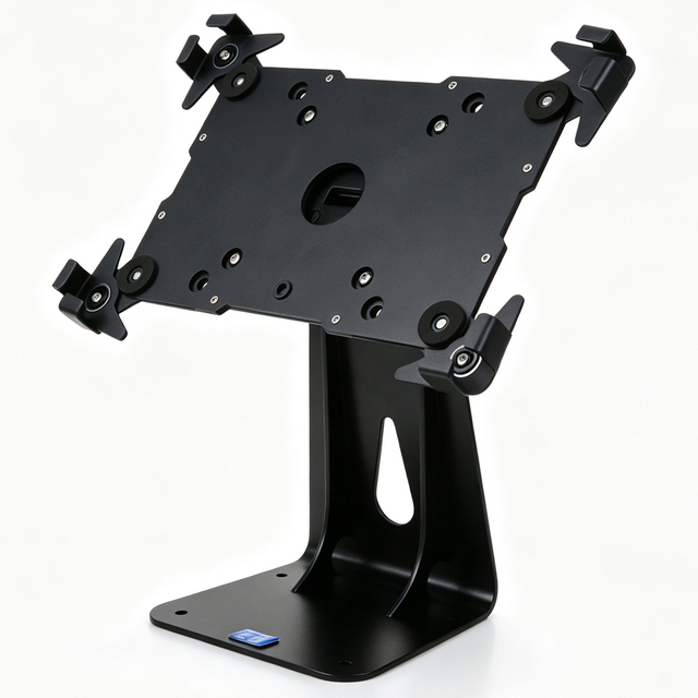 PS-523 POS tablet stand with 360 degree rotation on white background, adjustable metal iPad holder with four-corner clamps for 10 to 15 inch tablet