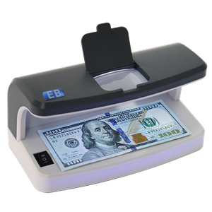 DC-6100 UV bank-grade banknote detector front view with built-in magnifier and rechargeable battery cordless design