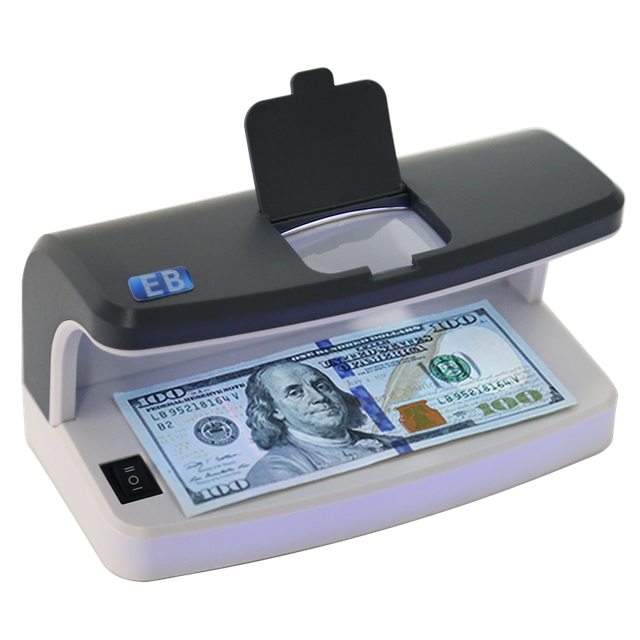 DC-6100 UV bank-grade banknote detector front view with built-in magnifier and rechargeable battery cordless design