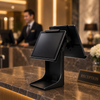 PS-20B double screen tablet stand deployed at hotel reception lobby for luxury hospitality self-service check-in