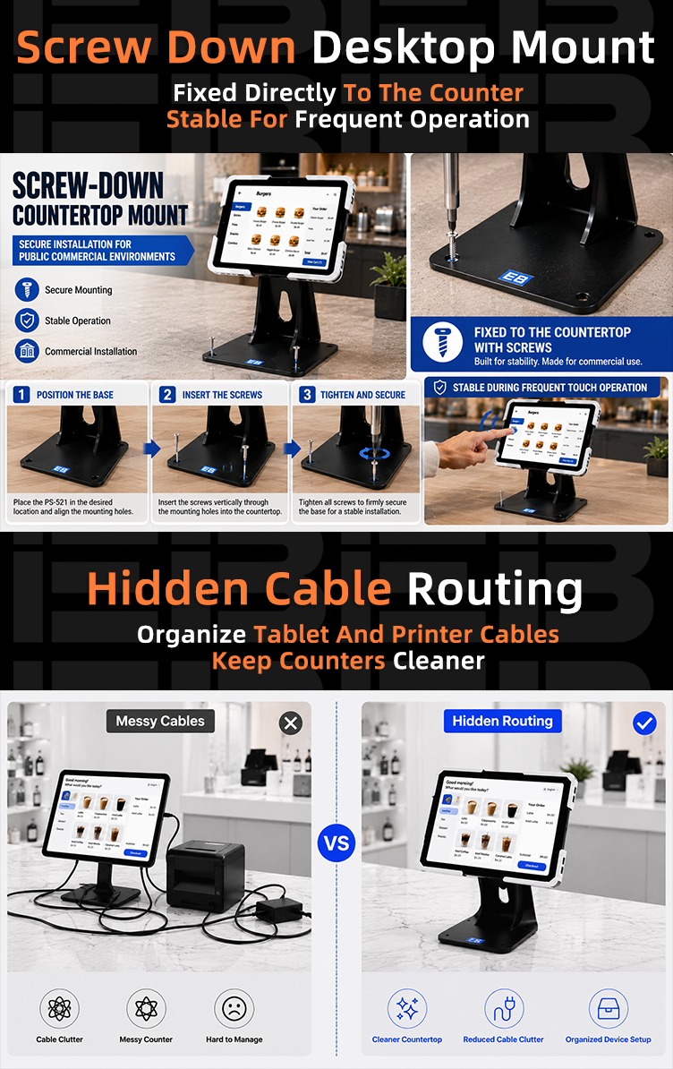 PS-520 VESA desktop stand with 360 degree rotation clearance diagram, supporting devices up to 366 mm for full rotation