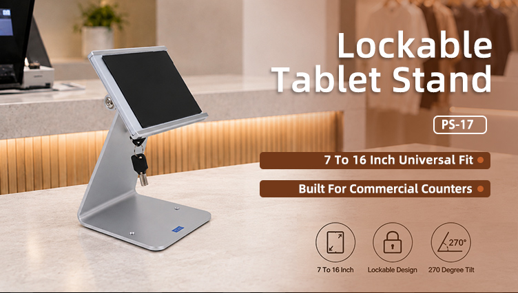 Full view of PS-17 lockable tablet POS stand, metal body with silver and black finish holding tablet at a commercial counter