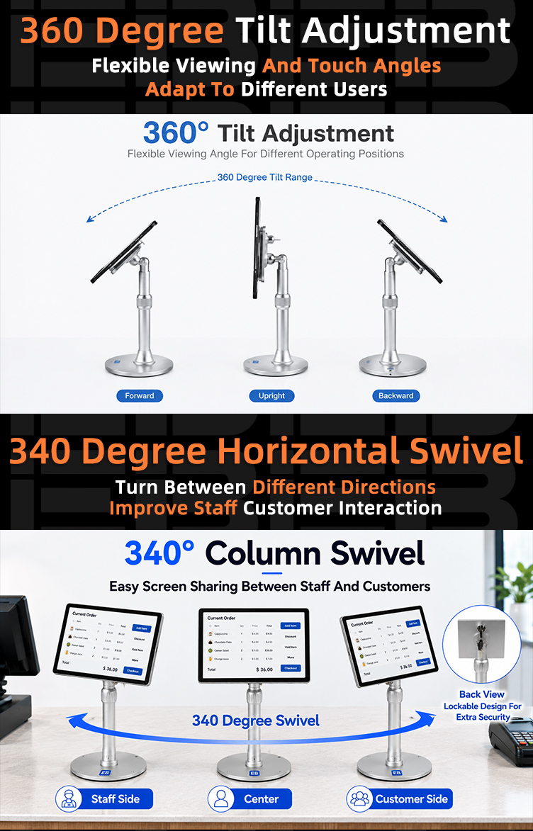 PS-20 lockable tablet POS stand with column height adjustable from 240 to 357 mm and 340 degree horizontal column swivel