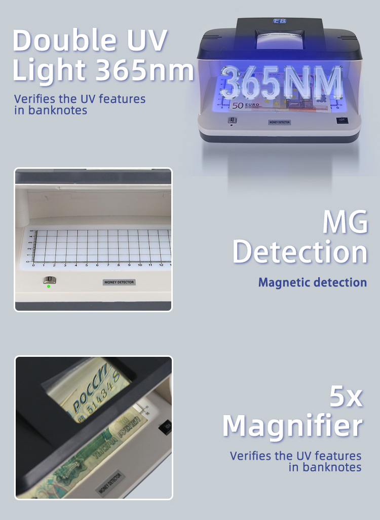 Dedicated ultraviolet lamp and magnetic sensor of EB DC-2089C detector confirming UV security features and magnetic ink patterns on genuine banknotes