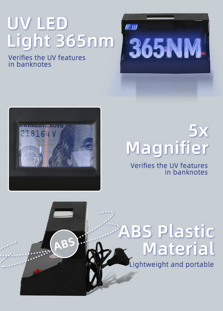 DC-102 LED UV banknote detector using ultraviolet detection to identify UV security features on banknotes for counterfeit checking