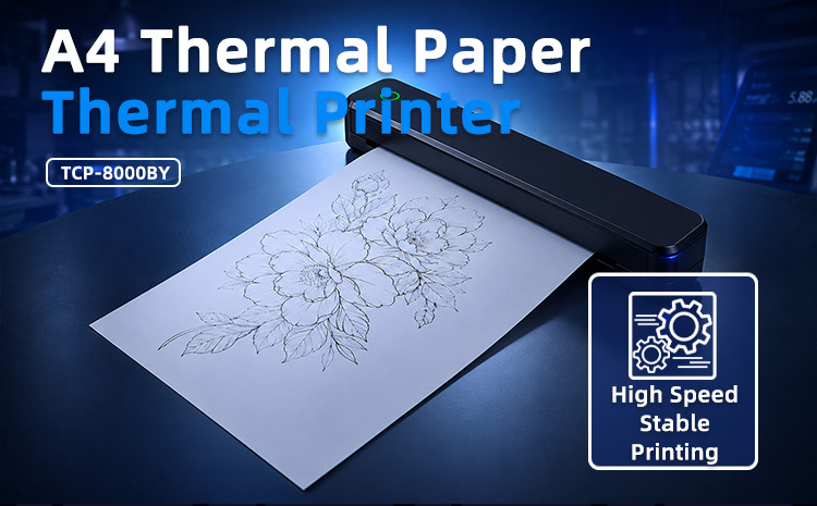 TCP-8000BY portable wireless thermal printer overview, compact A4 ink free printer for thermal paper and label printing at home office and stock areas