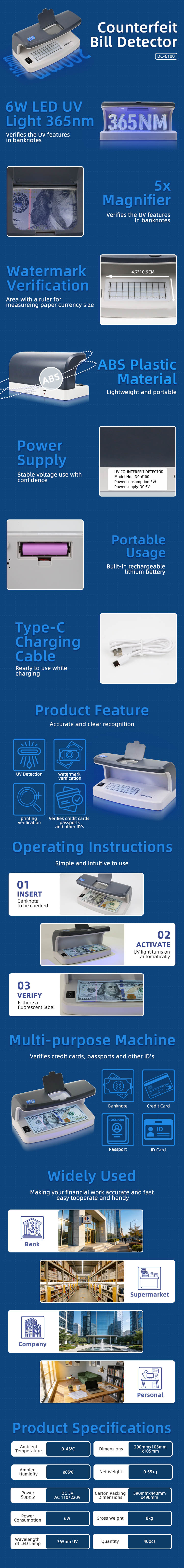 DC-6100 UV banknote detector detailed view showing UV detection, 0.5s speed, rechargeable battery, multi-voltage DC 5V 110V 220V, and magnifier feature