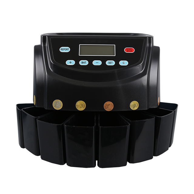 CS-5508 8-drawer coin counter sorter on white background, automatic multi-currency coin sorting machine for USD EUR JPY coins with LCD display and 270 units per minute speed